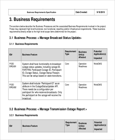 business requirements specification document