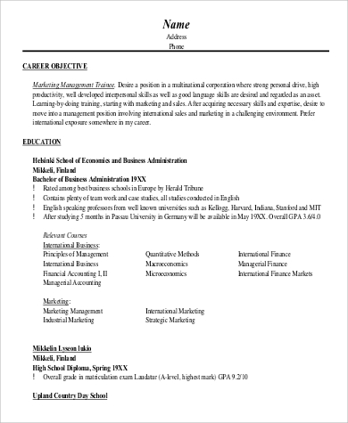 resume objective examples for marketing