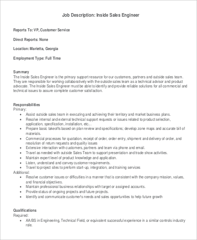 Free 9 Sales Engineer Job Description Samples In Pdf