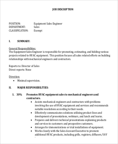 equipment sales engineer job description
