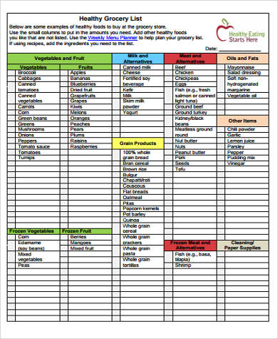 printable healthy grocery list pdf