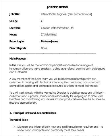 internal sales engineer job description format