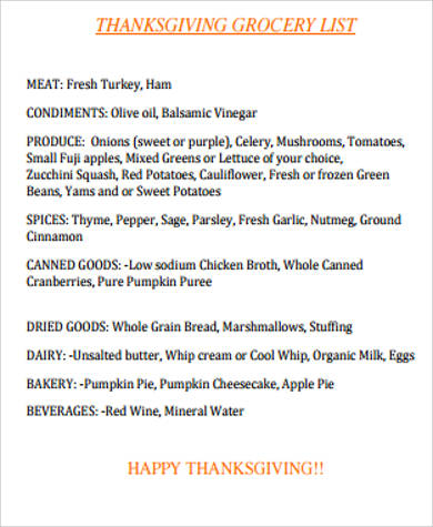 printable thanksgiving grocery list