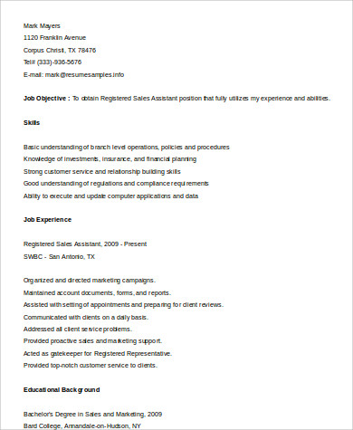 sample registered sales assistant resume