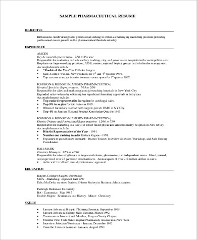 7+ Sample Pharmaceutical Sales Resumes  Sample Templates