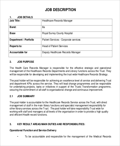 health care medical records manager job description