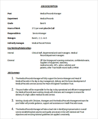 medical records manager job description summary example