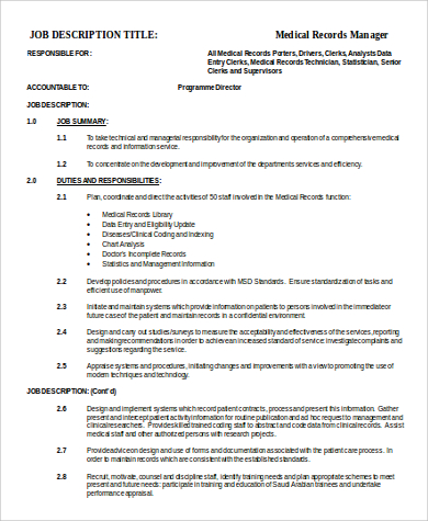 professional medical records manager job description responsibilities