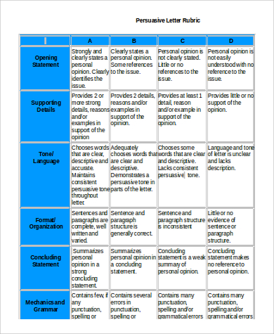 persuasive letter rubric format