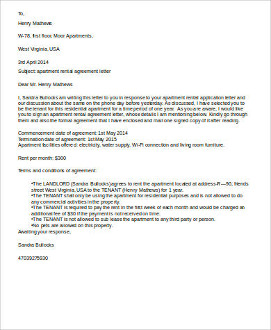 apartment rental agreement letter
