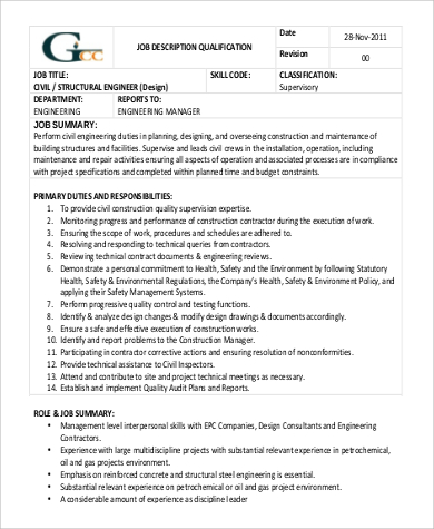 sample civil structural engineer job description