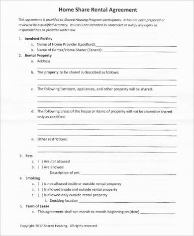 printable home share rental agreement example