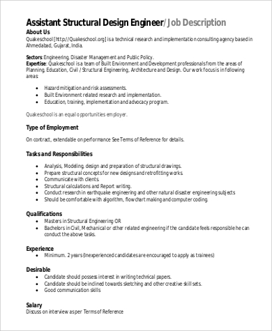 assistant structural design engineer job description