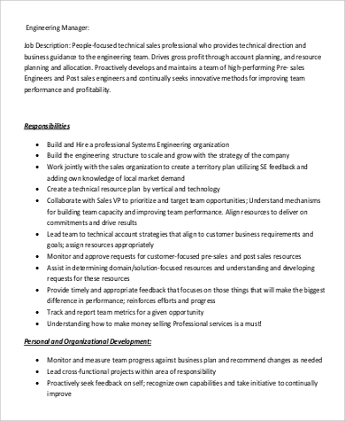 manager engineer job description responsibilities example pdf