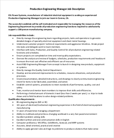 production engineering manager job description