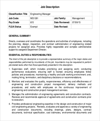 engineer manager job description duties