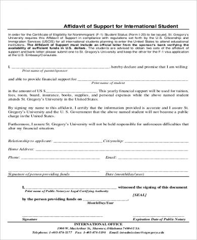 affidavit of support for international student