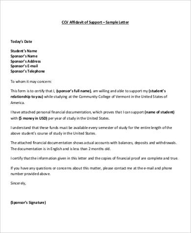 affidavit of support relationship letter