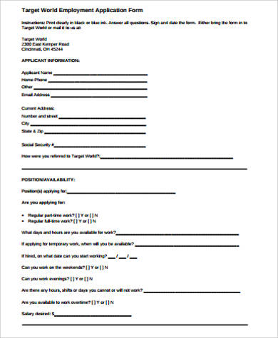 target employment job application form