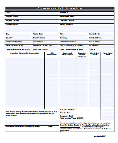 sample commercial invoice form