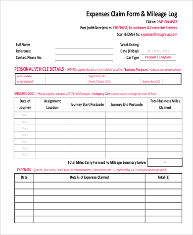 expenses claim form mileage log in pdf