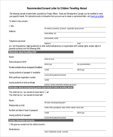 5 Sample Child Travel Consent Forms PDF Sample Templates