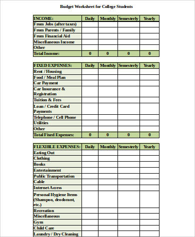 college student budget worksheet