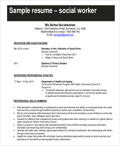 social worker professional summary resume format