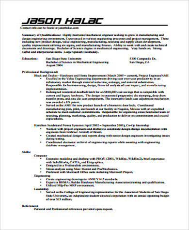 mechanical engineering resume summary