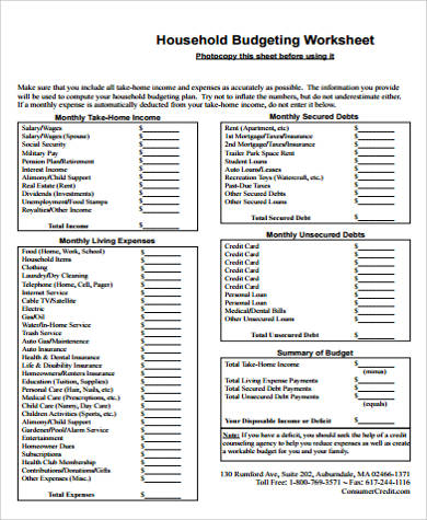 printable free household budget worksheet pdf