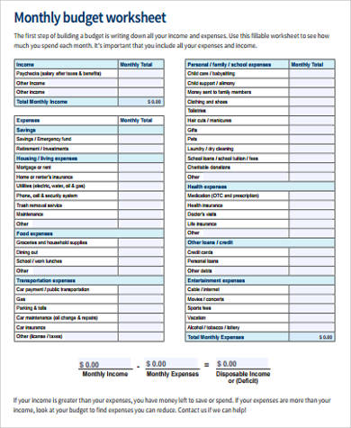 monthly budget worksheet example