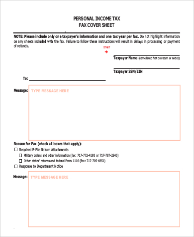 personal income tax cover sheet for fax