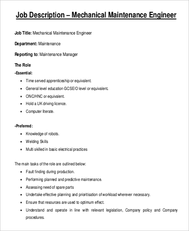 mechanical maintenance engineer job description