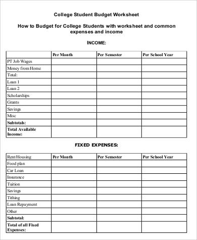 college student budget worksheet planner
