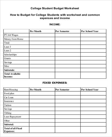 printable budget worksheet for college students that are nerdy