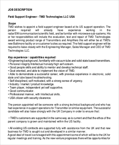 field support engineer job description in pdf