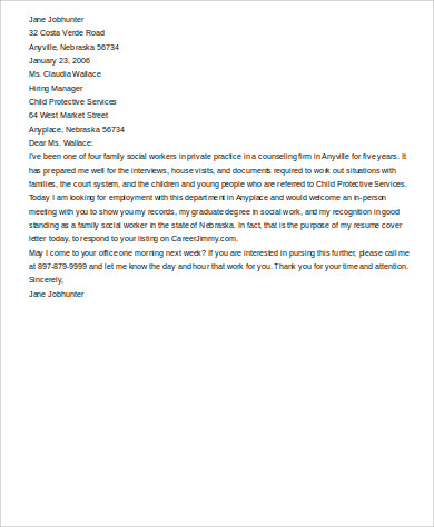 sample social work cover letter 9 examples in word pdf