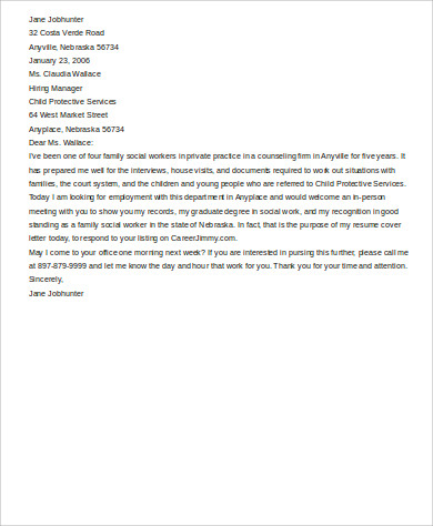 family social work sample cover letter