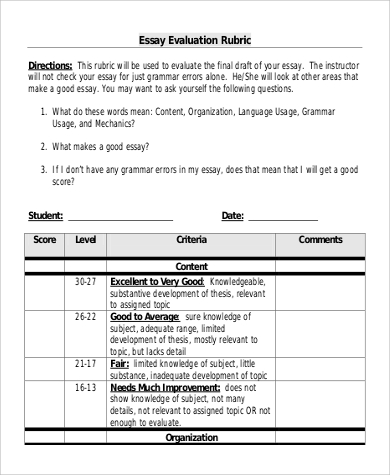 essay evaluation rubric