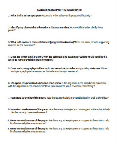 evaluation essay peer review worksheet