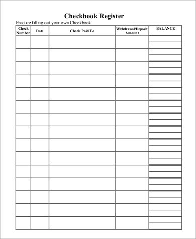printable blank checkbook register sample