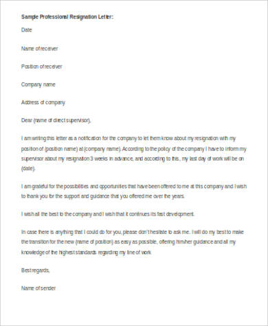 professional word resignation letter