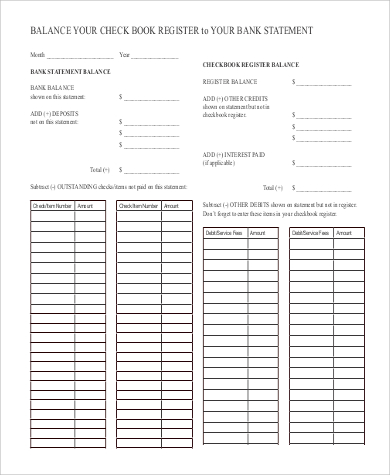 printable checkbook register to bank statement