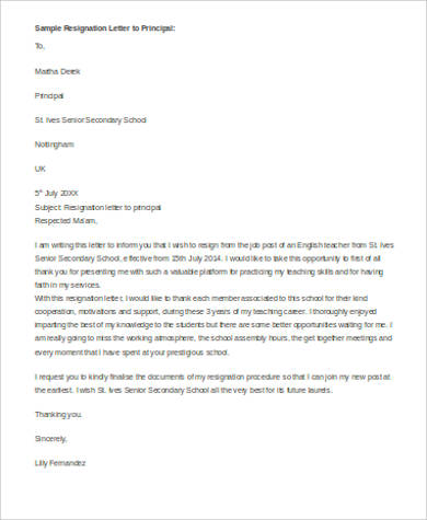 resignation letter to principal