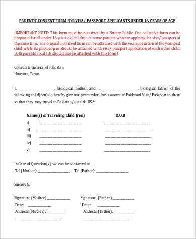 sample parental consent form for visa