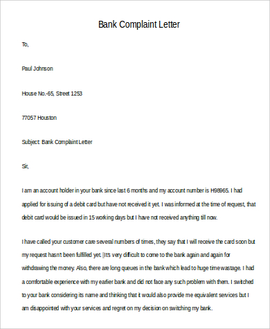 bank complaint letter example