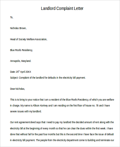 landlord complaint letter