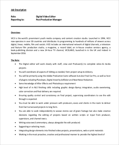digital video editor job description in pdf