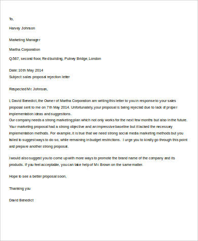 sales proposal rejection letter