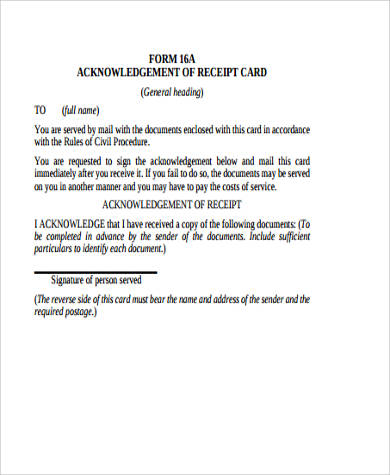 acknowledgement receipt card example